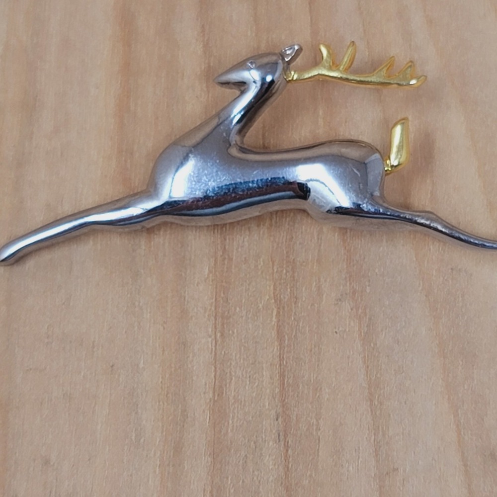 Vintage Liz Claiborne Leaping Reindeer Brooch Two Tone Christmas Holiday